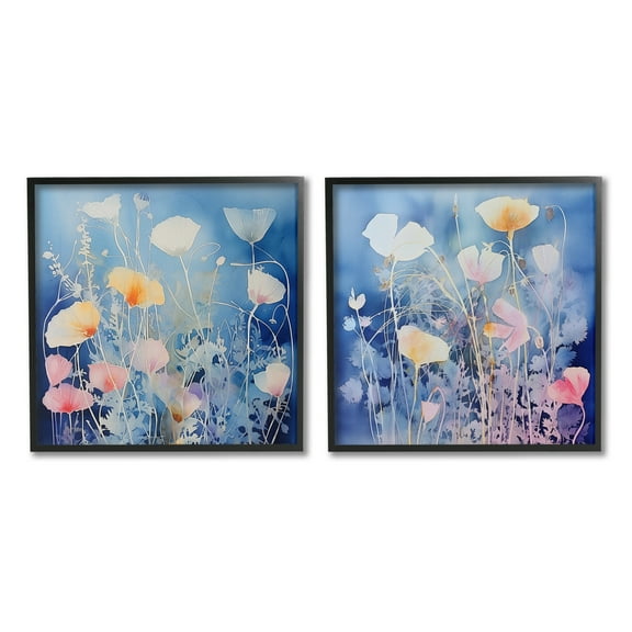 Stupell Industries Abstract Poppies on Blue Botanical & Floral Painting Black Framed Art Print Wall Art, 12 x 12, Set of 2
