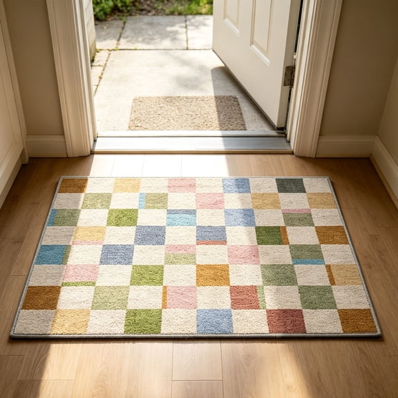 Colorful Checkered Area Rug 60x90cm, Washable Short Pile Carpet for Living Room Kitchen, Non Slip Entryway Mat for Bedroom Hallway, Modern Home Decor
