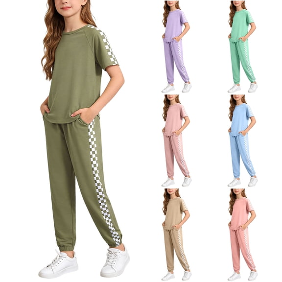 Dakiuu 6-11 Years Girls 2 Piece Outfit Summer Fashion Checkered Clothing Plaid Casual Short Sleeve Tops Shirts and Drawstring Sweatpants Joggers Pants with Pockets Kids Sweatsuit Clothes Set