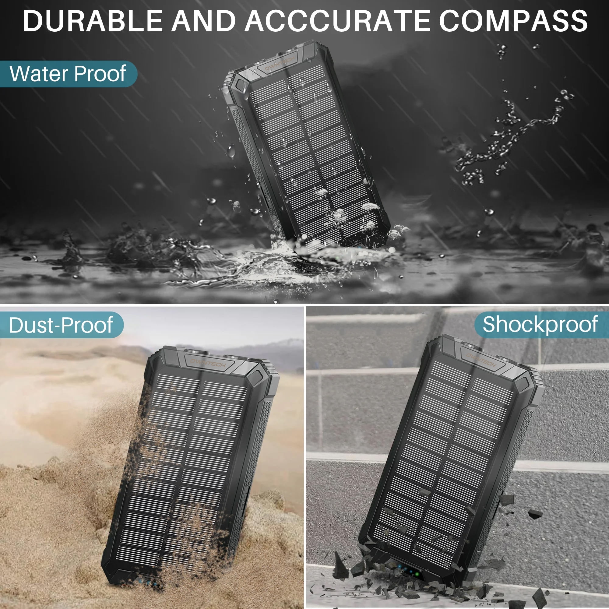 OWNTECH 30000mAh Solar Power Bank Portable Charger with 4 Cables & 3 USB Ports, Wireless Charger with LED Light, Compatible with iPhone, Android, for Camping, Hiking, Black