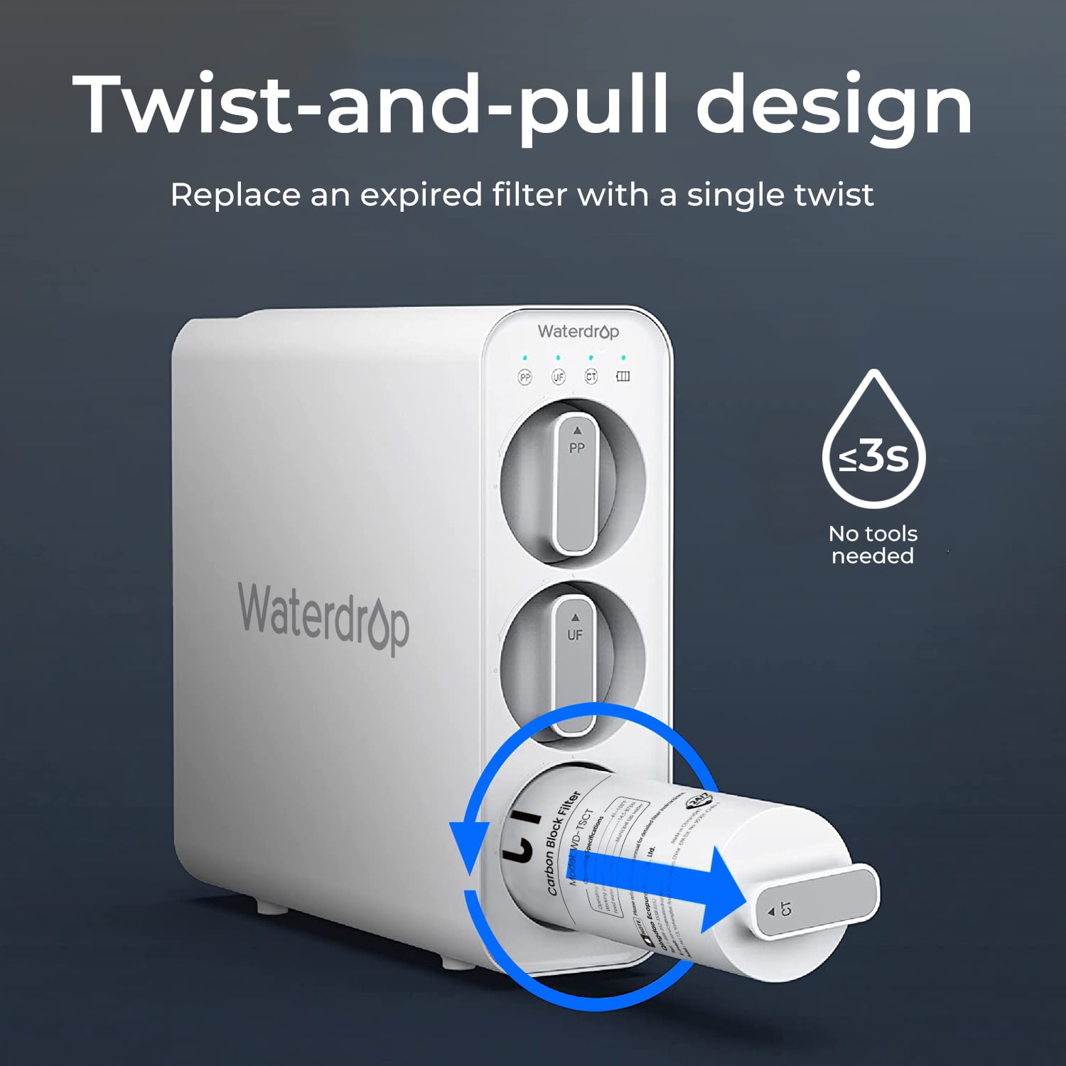 Waterdrop TSCT Under Sink Water Filter, Replacement for Waterdrop TSU-W, TSC 3-Stage Ultra-Filtration Under Sink Water Filter System, 2000 Gallons High Capacity. 1 Pack
