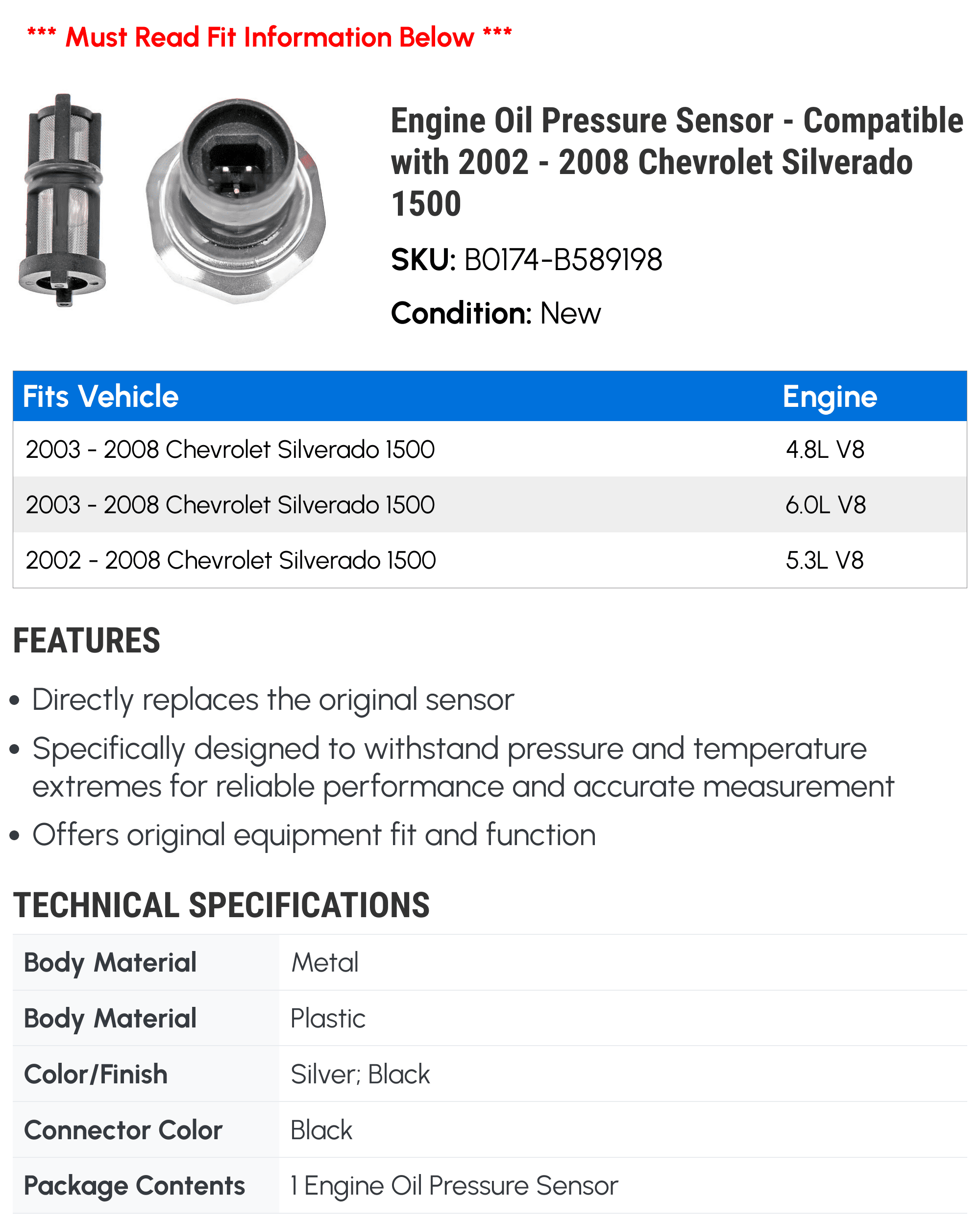 Engine Oil Pressure Sensor - Compatible with 2002 - 2008 Chevrolet Silverado 1500 - Dorman