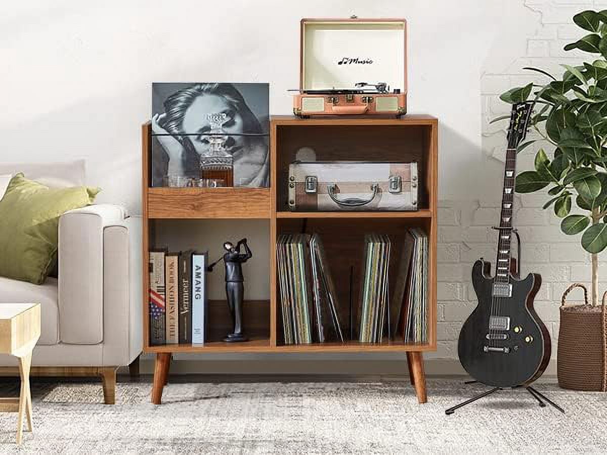 Weselon Record Storage Cabinet with Power Outlet,Record Player Stand,Record Player Table Holds up to 250 Albums,Turntable Stand Display Shelf with Wood Legs for Living Room Bedroom,Walnut Brown