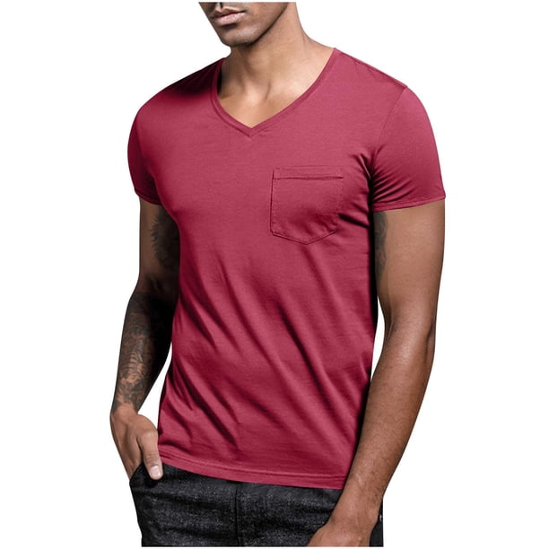 Blusas y camisas de manga corta con cuello en V para hombre, blusa informal de verano a la moda de color liso con bolsillos y manga corta con cuello en V para hombre