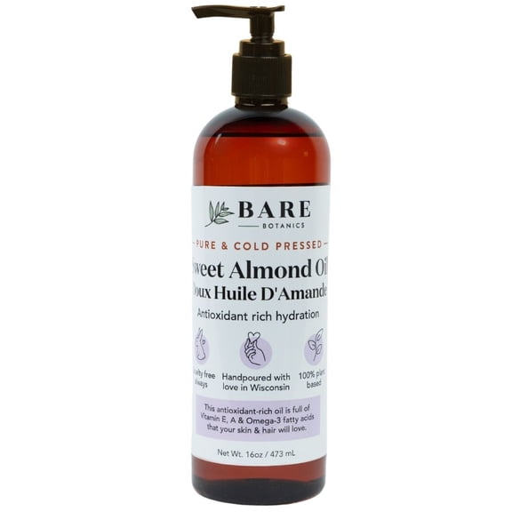 Bare Botanics Sweet Almond Oil Body Oil | 16 oz (LARGE) | Pure & Cold-Pressed
