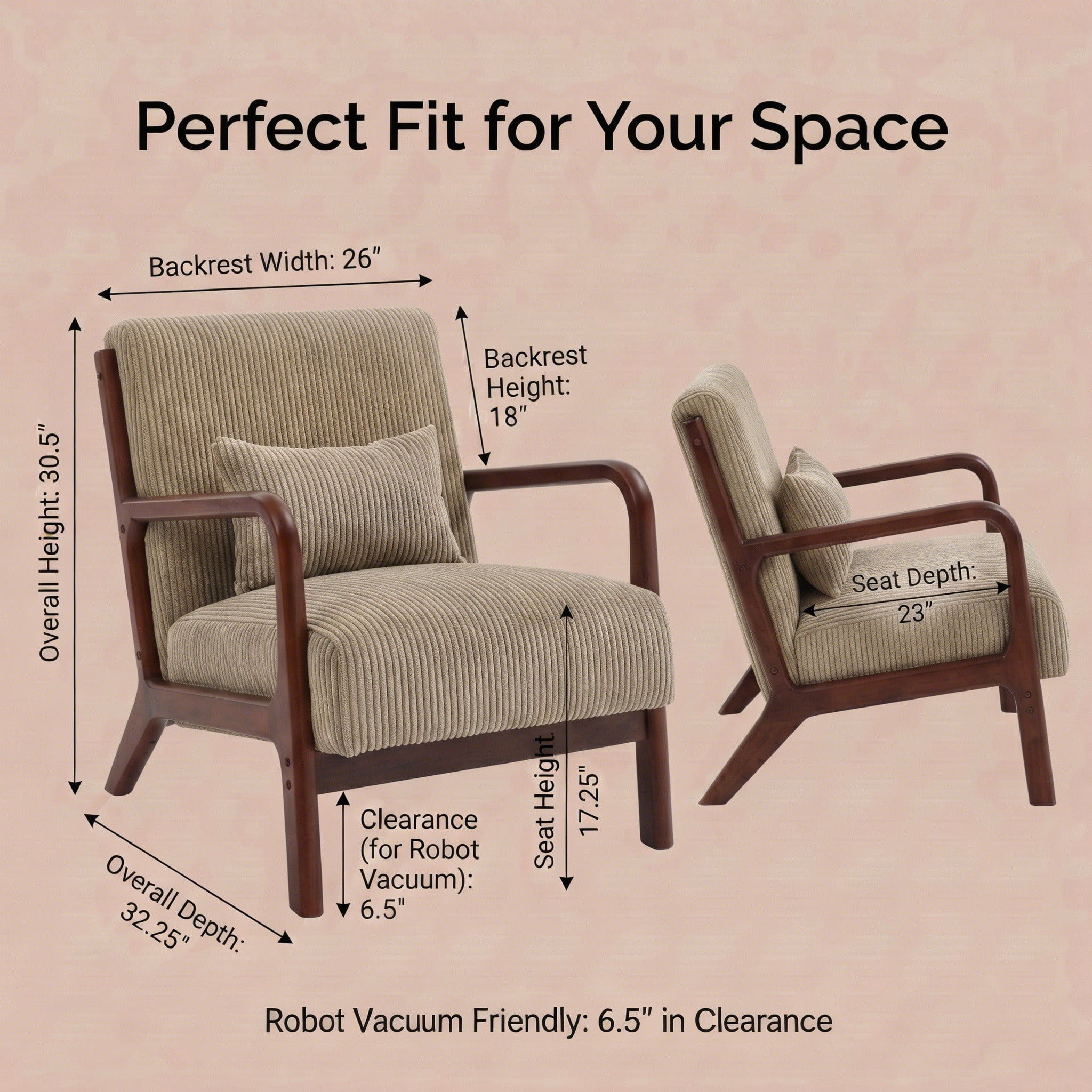Mid-Century Modern Corduroy Accent Chair with Solid Wood Frame & Lumbar Pillow, Camel