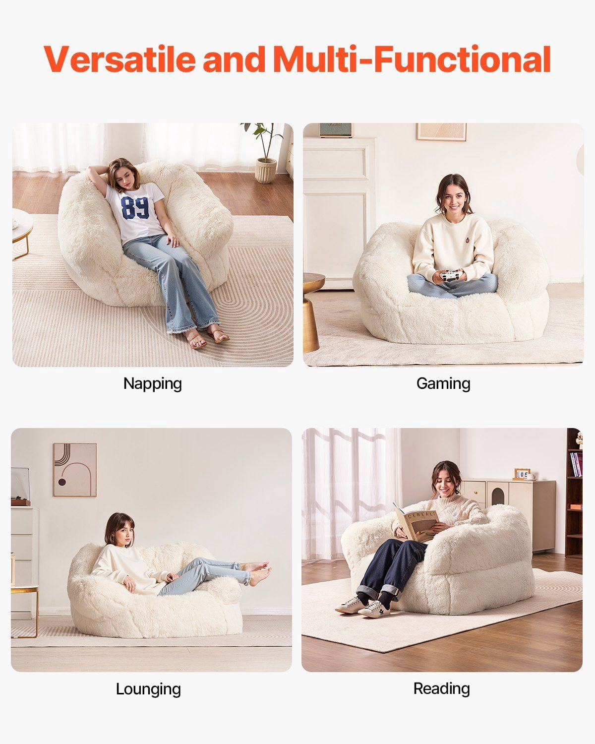 Fluffy Plush Bean Bag Chair with Armrests, High-Density Foam Support, Removable Zippered Cover, Ideal Relaxation Chair for Bedroom, Beige