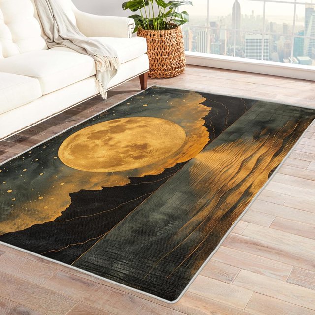 Moon Rugs for Living Room Bedroom - Mountain Rug 4x5 - Starry Sky Carpet for Home Decor - Washable Non Slip Patterned Indoor Large Area Rug - Soft & Low Pile (ZN&417)