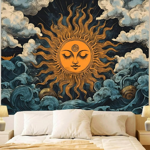 Burning Sun Tapestry Wall Hanging for Bedroom Aesthetic, Vintage Boho Deep Blue Sky Clouds Constellation Tapestries for Bedroom Living Room Dorm 59x39 Inches