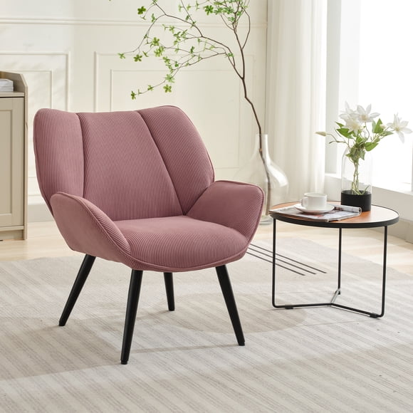 Fauteuil d'Appoint Moderne en Velours Côtelé à Dossier Ailé – Fauteuil Rembourré Confortable avec Pattes en Métal, Parfait pour le Salon, la Chambre, le Bureau, la Coiffeuse Ou les Petits Espaces – Assemblage Facile, Velours Côtelé/rose