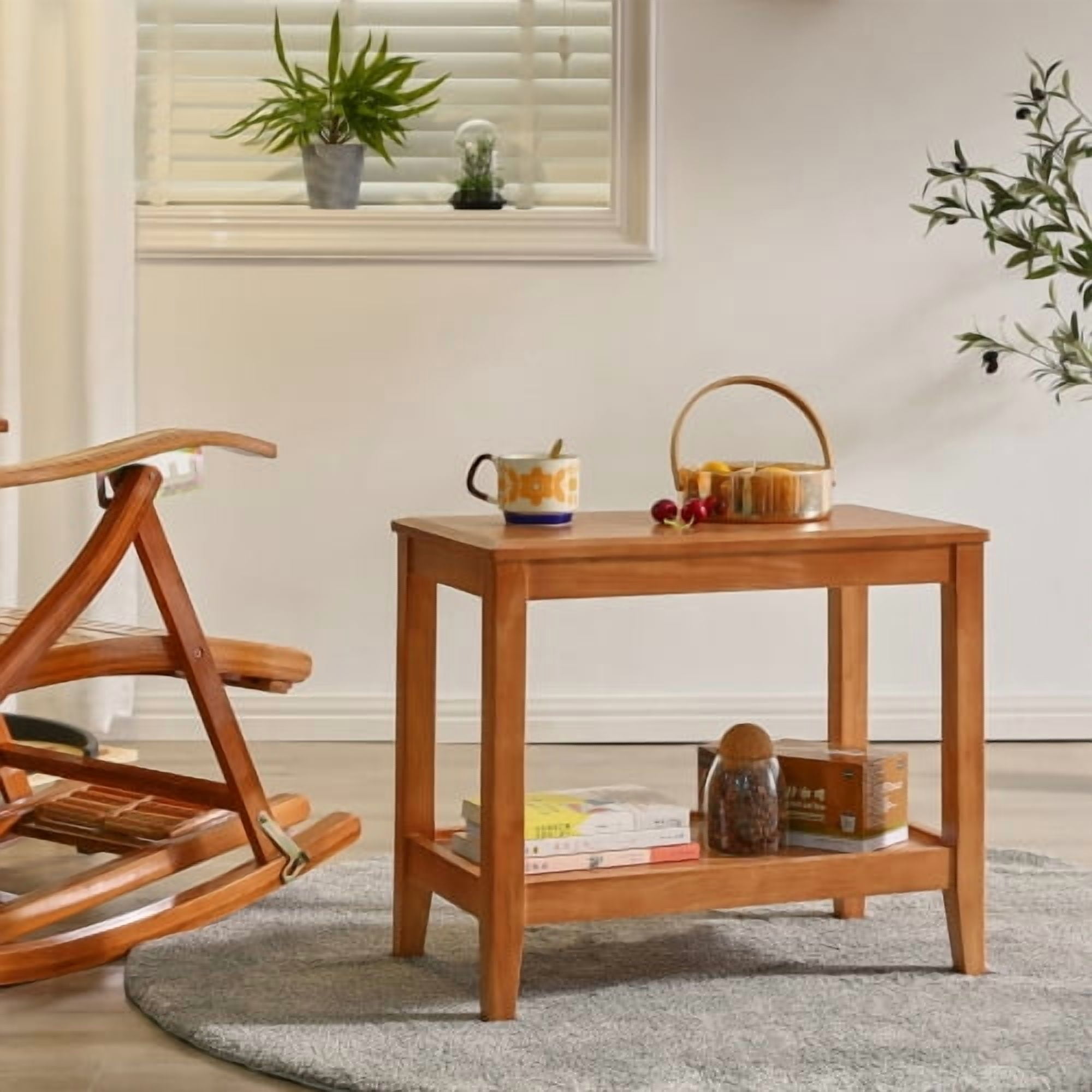 Solid Wood Rustic Side Table, 2-Tier End Table with Shelf, Rubberwood Sofa Table for Living Room, Cherry