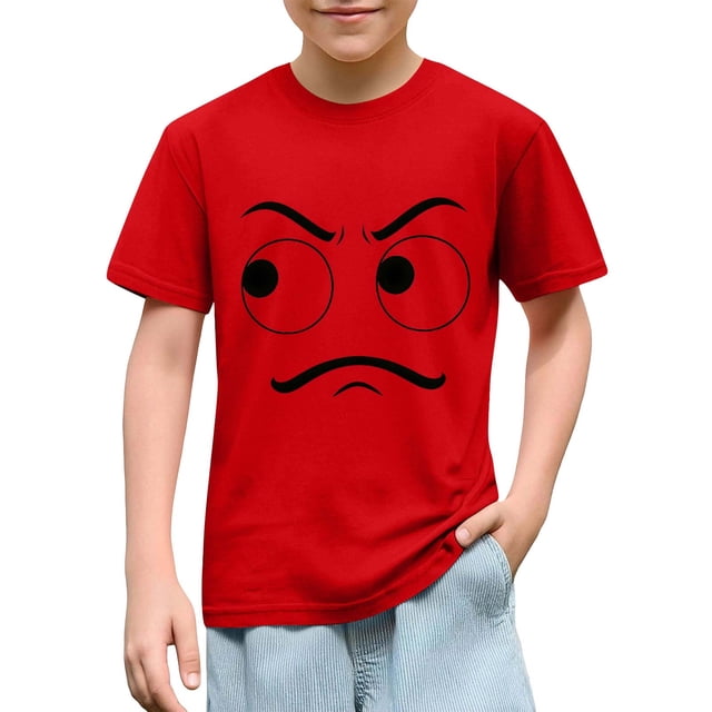 Blusas y camisas de manga corta con cuello redondo para niños y niñas, color liso, con estampado de expresión linda, manga corta, holgadas y cómodas, blusa para niña