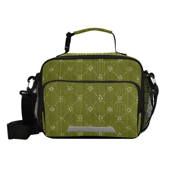 6L Large Capacity Student Lunch Bag, Insulated Cooler Bag with Reflective Strip, Crossbody Portable Printed Lunch Tote Olive Green Dotted Lines