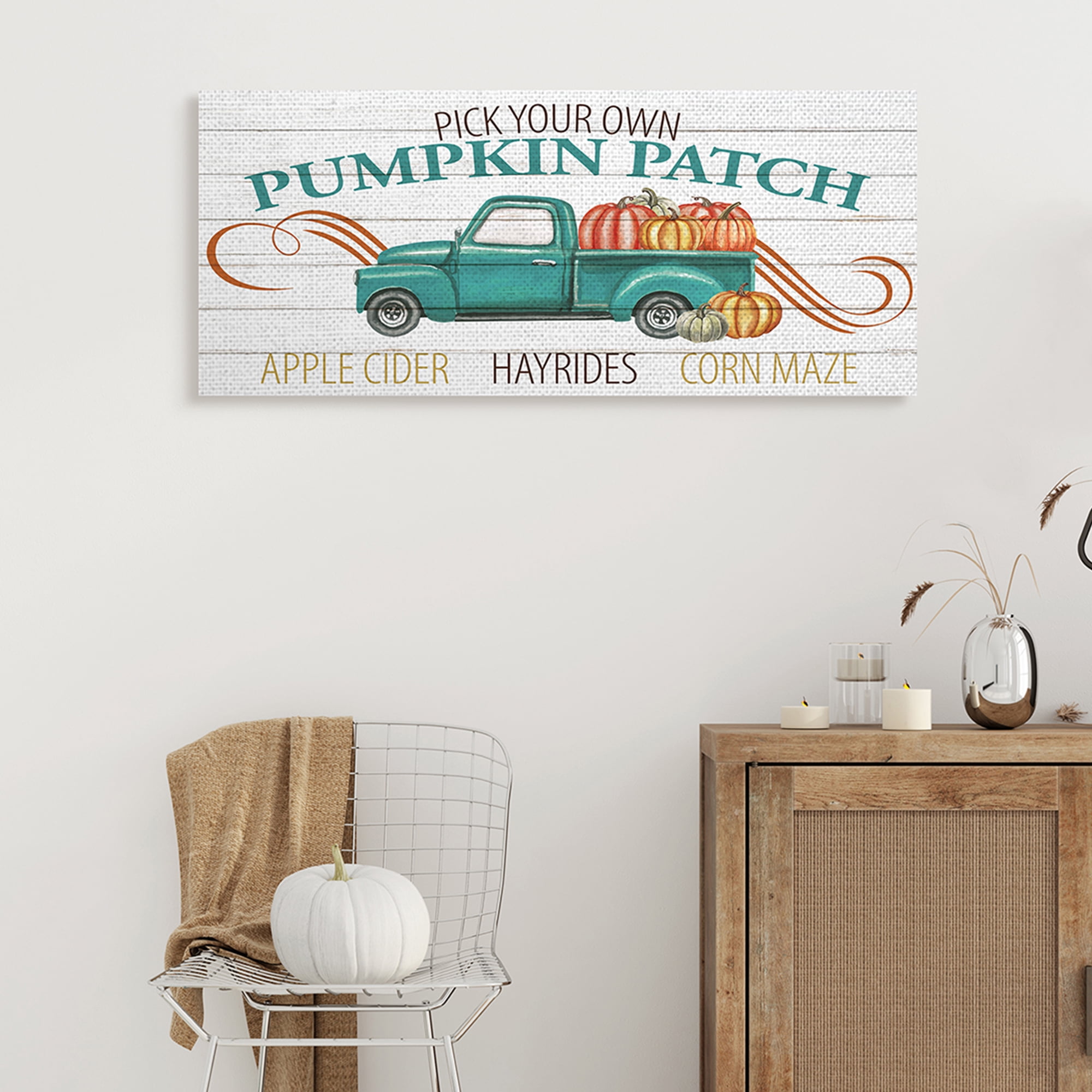 Stupell Industries Turquoise Truck Autumn Harvest Pumpkin Patch Sign Inspirational Painting Gallery Wrapped Canvas Art Print Wall Art, 13 x 30