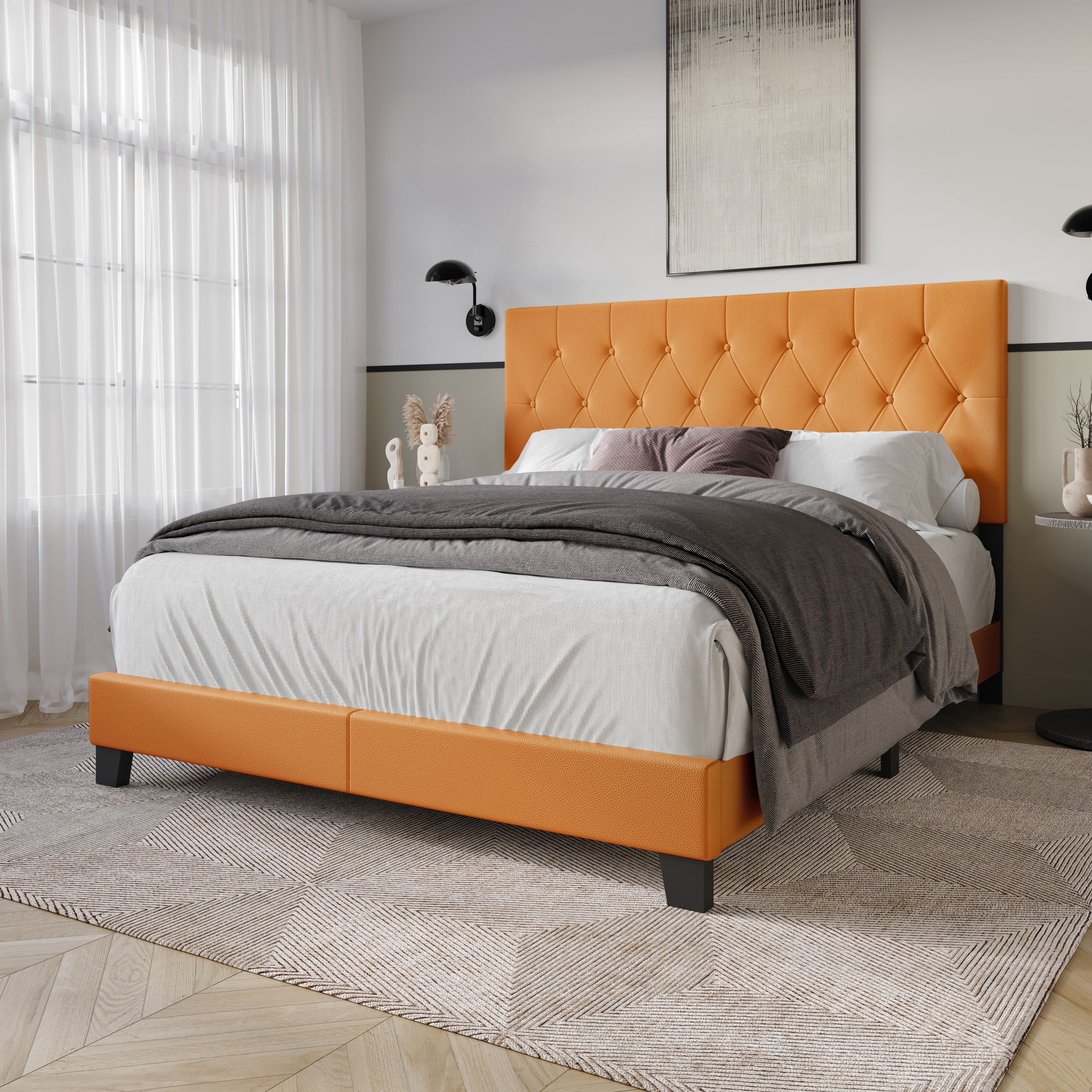 Home Design Omaha Queen Tufted Upholstered Panel Bed Frame, Orange, Easy Assembly