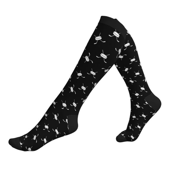 Compression Socks for Men Women -Cool Hockey Stick Puck Black White Knee High Compression Stockings for Men Women