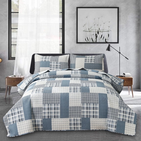 Jessy Home Patchwork Bedspread Queen/Full Size Gray White Blue Plaid Quilt Microfiber Coverlet