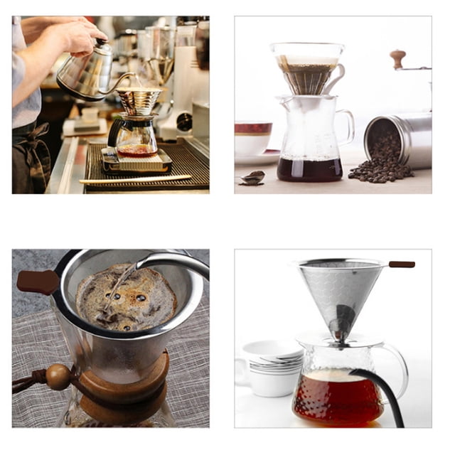 Flmtop Reusable Cone Honeycomb Pattern Stainless Steel Coffee Dripper Filter with Removable Cup Stand Brush