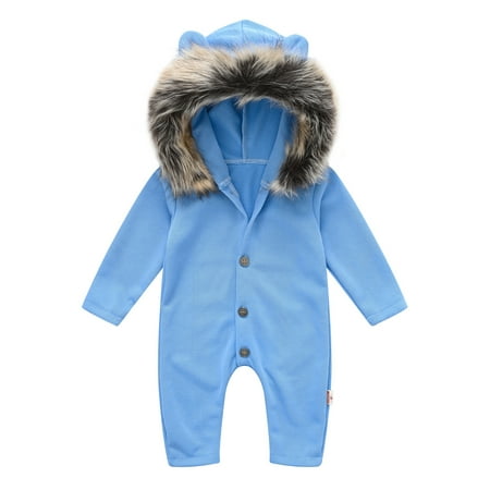 

Beiwei Newborn Loose Long Sleeve Playsuit Faux Fur Hood Solid Color Bodysuit Buttons Party Romper 3159-4 blue 100cm