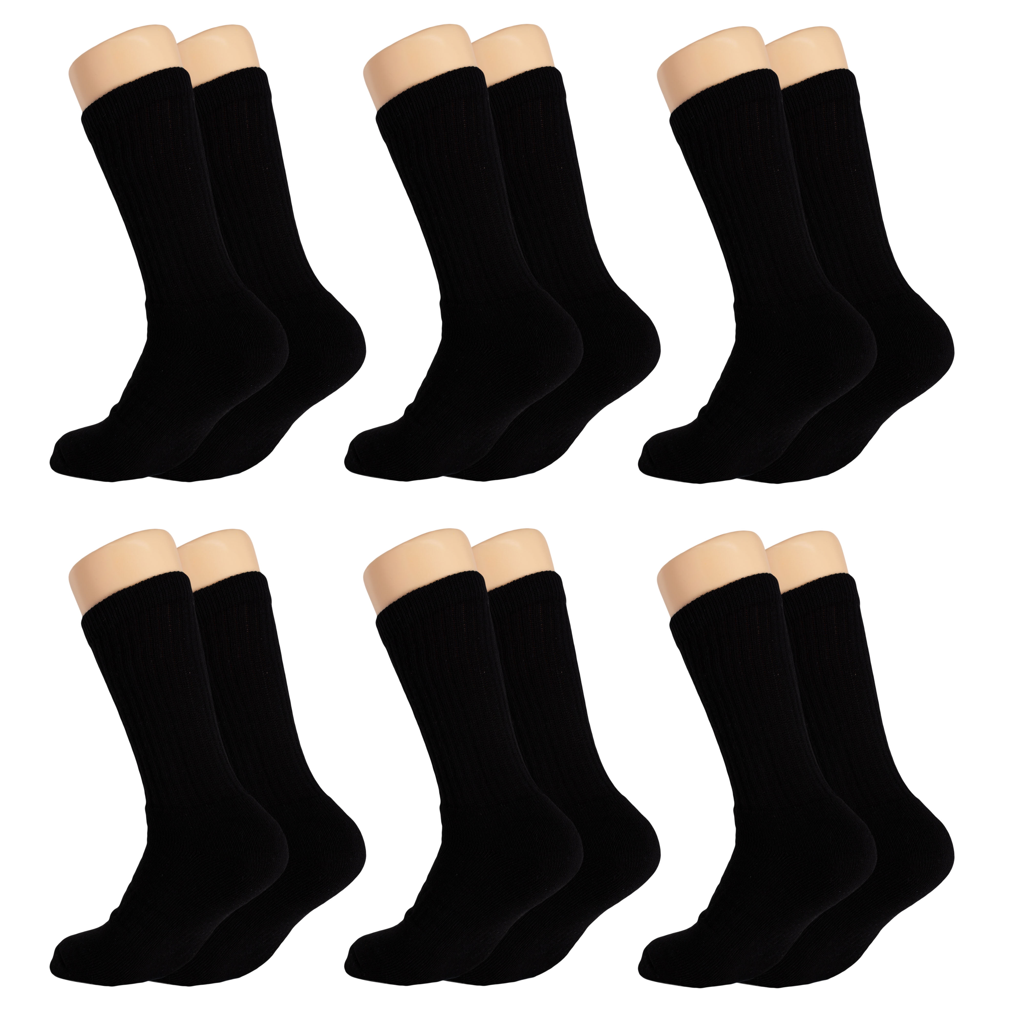 Solid Cotton Cushion Crew Socks for Women and Men Black 6 Pairs Size 9
