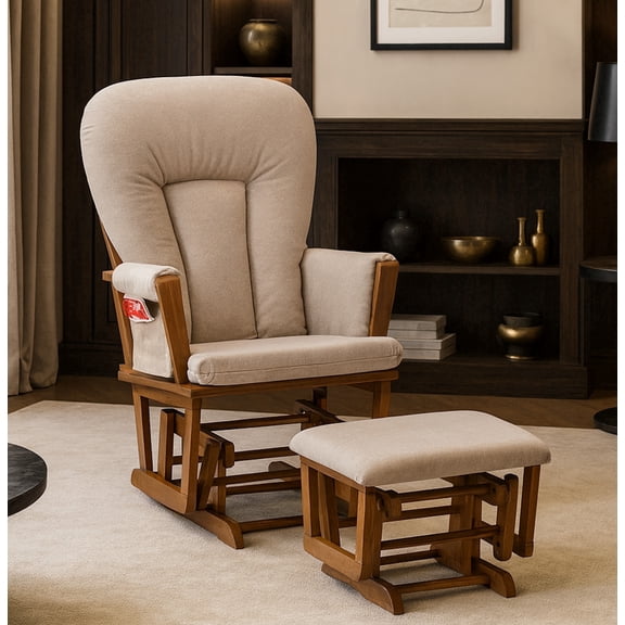 Suite Bebe Contempo Wooden Nursery Rocking Chair with Ottoman, Baby Nursing Glider Rocker, Walnut/Latte