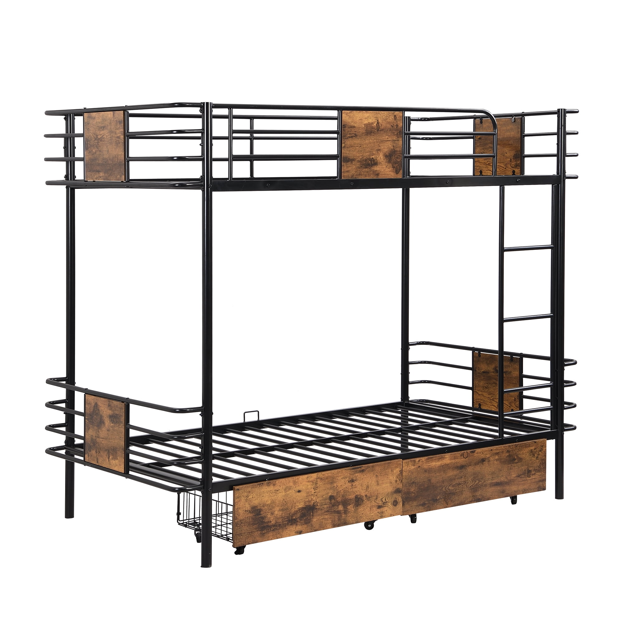 Euroco Metal Twin XL over Twin XL Bunk Bed with 2 Drawers for Kids Teens, Black