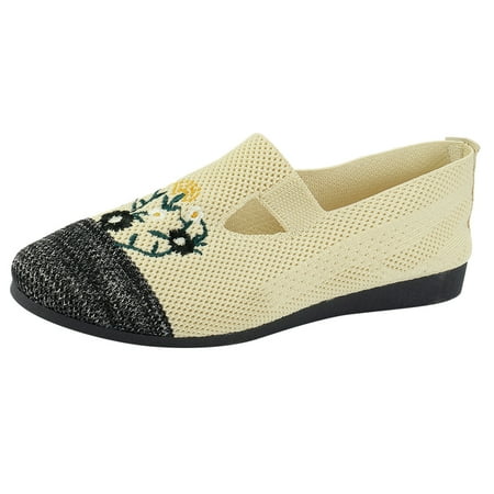 OJSFQUFP Women s Flats Ladies Fashion Breathable Mesh Knitted Flower Embroidery Flat Bottom Casual Single Shoes Shoes Women Black 42