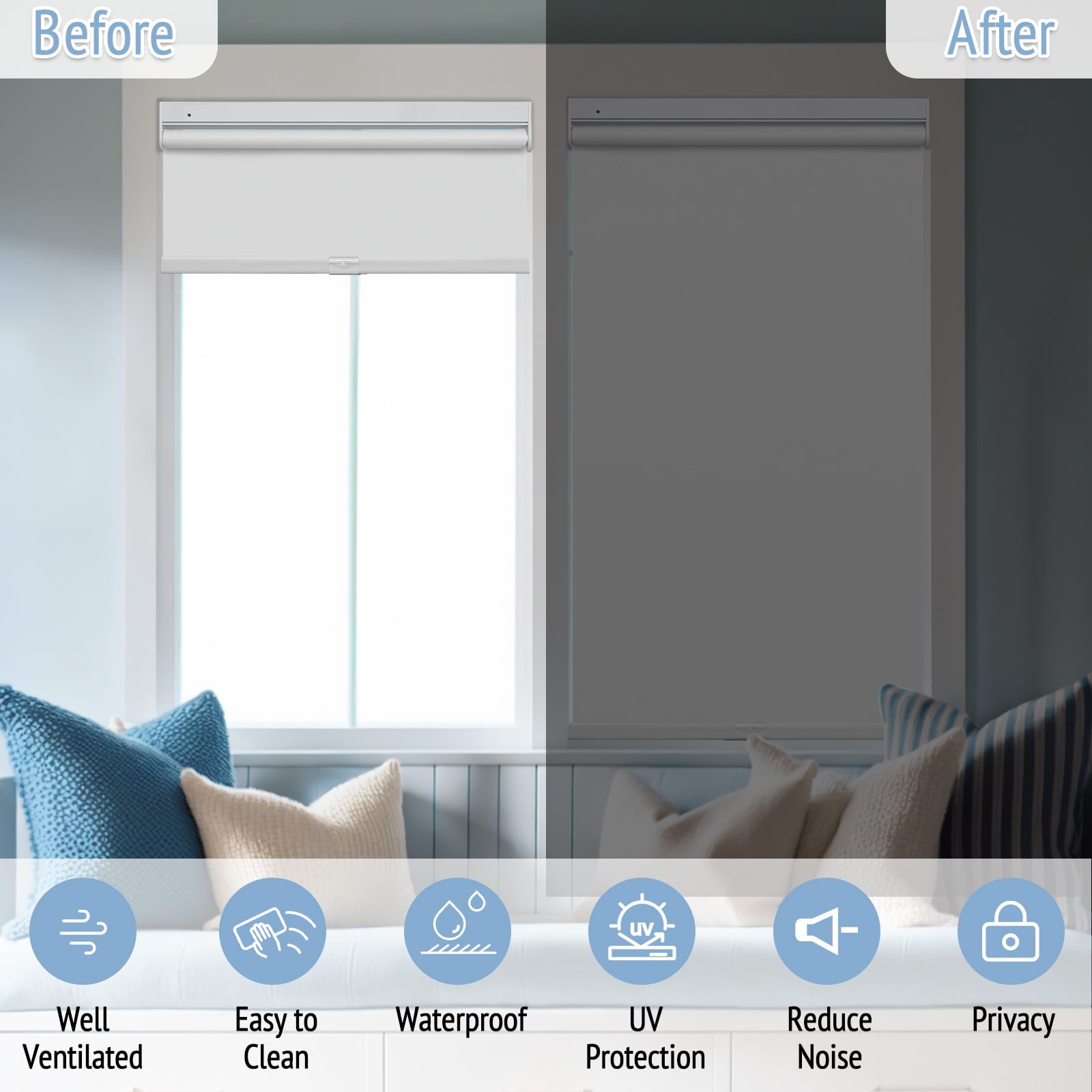 Keego No Tools No Drill Cordless Roller Blinds 100% Blackout Thermal Insulated Reduce Noise Privacy Shades Roller Shades Blinds for Windows (Beige, 29"W x 64"H)