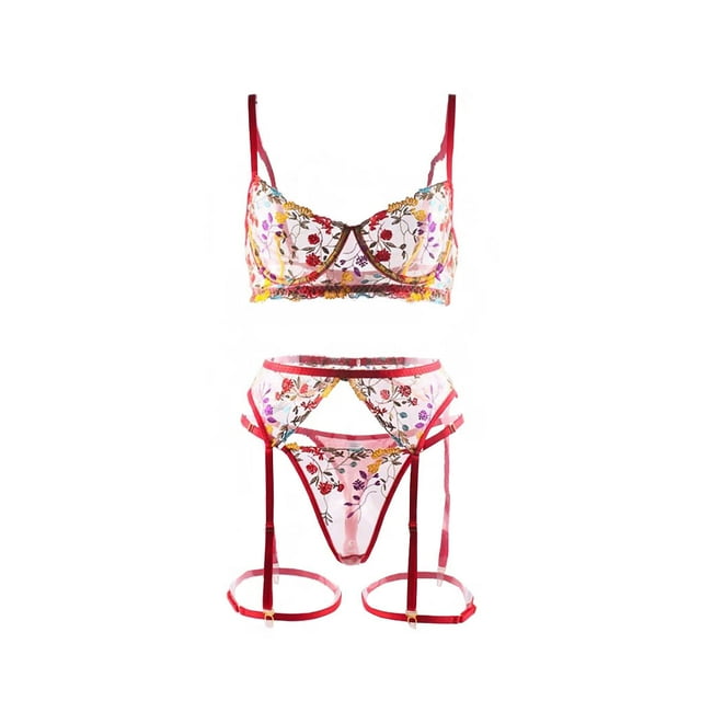 Qarigey Conjunto de sujetador, lencería Sexy, ligas, medias lavables de encaje sin costuras, ropa interior de mujer, tira corta, accesorio para citas Ropa interior Rojo s Qarigey AP018397-04