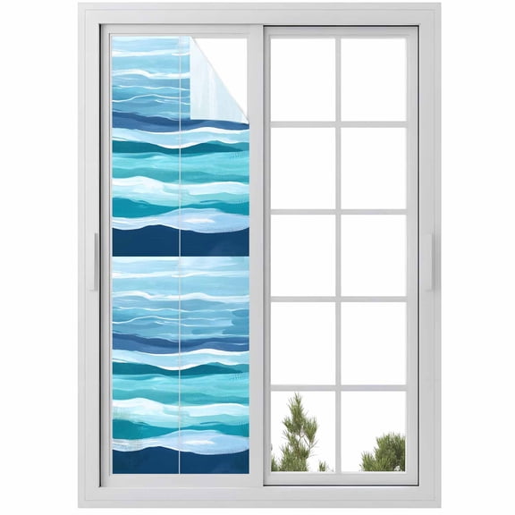 Summer Coastal Window Privacy Film Abstract Ocean Wave Blue Teal Stripes Decorative Glass Window Film UV Blocking Static Cling Non-Adhesive Sticker Covering for Home Door 29.5 x 118 inches