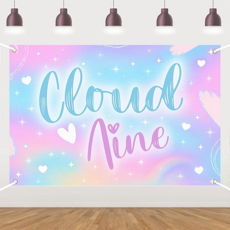 7x5FT On Cloud 9 Birthday Backdrop Cute Rainbow Cloud 9th Girl Birthday Banner Magical Pastel Starry Sky Colorful Photography Background for Girls 9th Bday Party Photo Booth Props