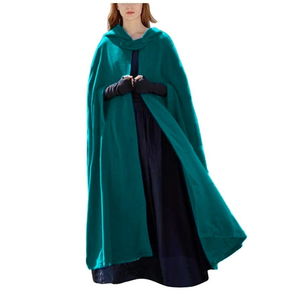 UJNDER Hooded Long Women Cape Winter Casual Overcoat Fashion Button Cloak Wool Coat Coats for Women Blue XL