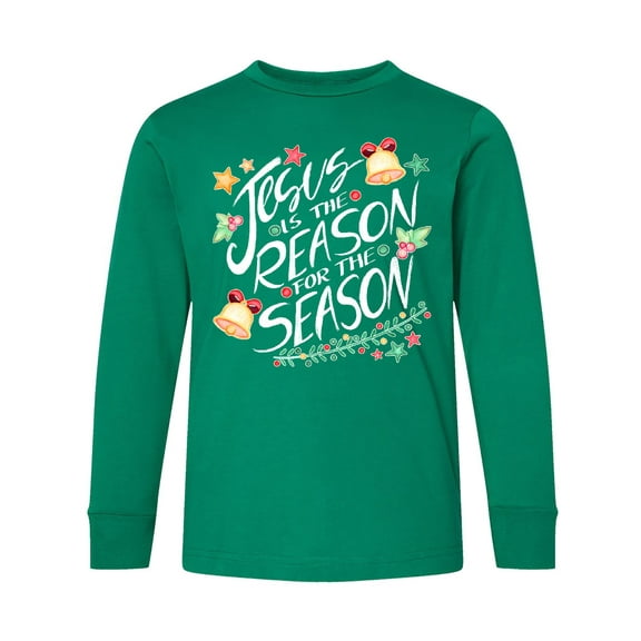 Inktastic Jesus is the Reason for the Season Christmas Bells and Stars Long Sleeve Youth T-Shirt
