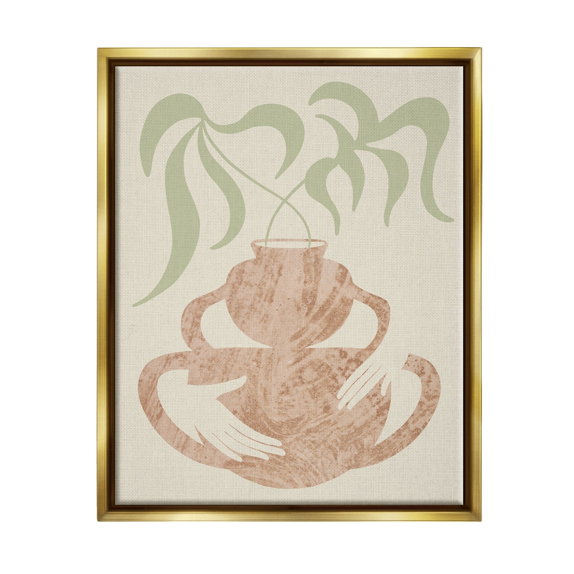 Stupell Industries Botanical Leaves Hands Flower Pot Handles Collage Metallic Gold Framed Floating Canvas Wall Art, 16x20, by Lil' Rue