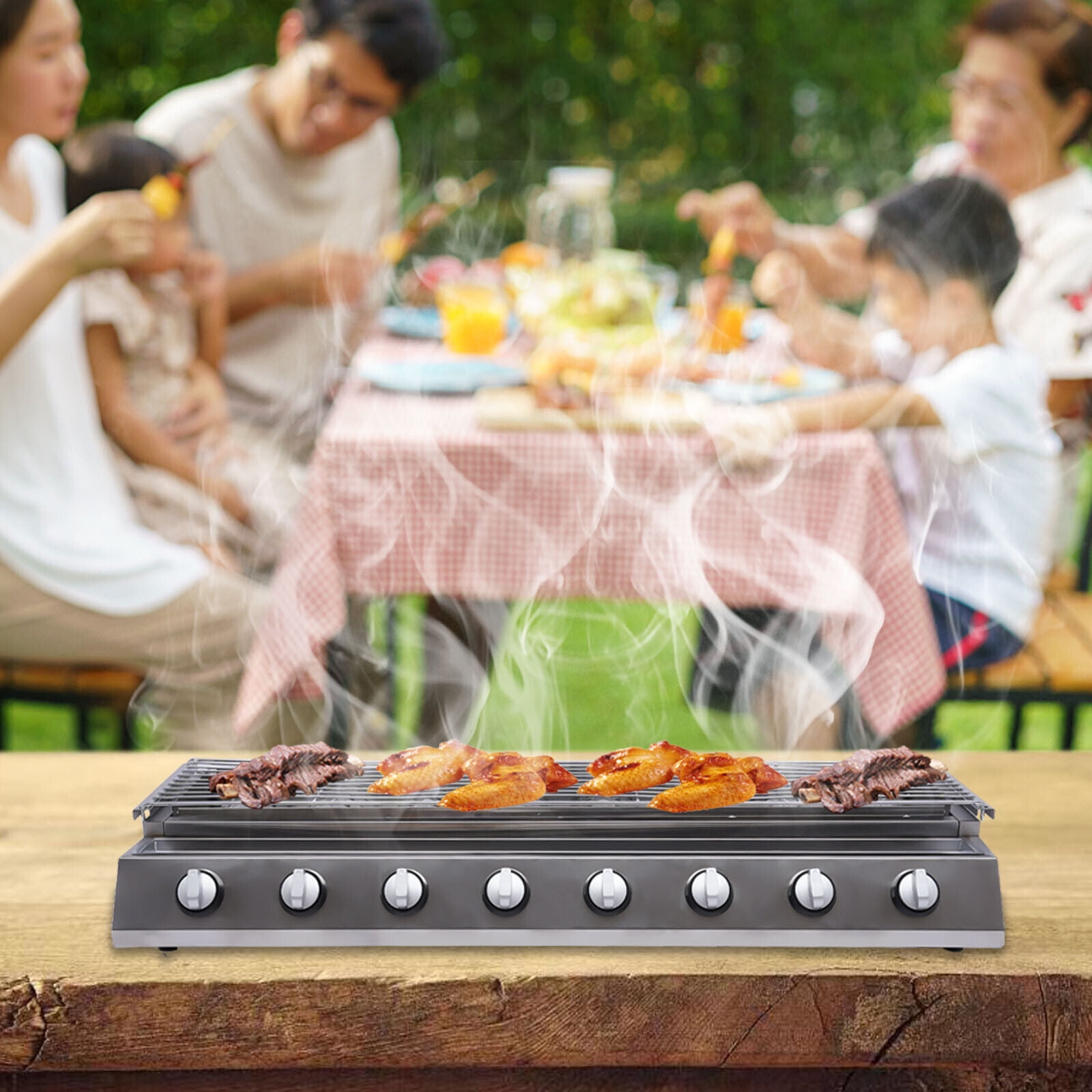 Gas Grill BBQ Gas Grills 8 Burner BBQ Grill Outdoor Party Cooker Stainless Steel Barbecue Grill Commercial Gas Grill Burners Cooker Smokeless for Camping Picnics