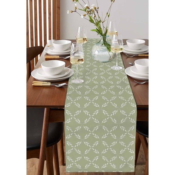 Spring Summer Country Peach on White Table Runner 13x36in Non-Slip Cotton Linen Table Runners, Farmhouse Green Leaves Dresser Scarves TableRunner for Dinner Kitchen Dining Wedding Party