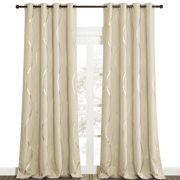 NICETOWN Beige Blackout Curtains 52 X 108 Inch Length Wave Line Foil Print Grommet Room Darkening Curtains Thermal Insulated 2 Panels Window Curtains for Living Room Bedroom