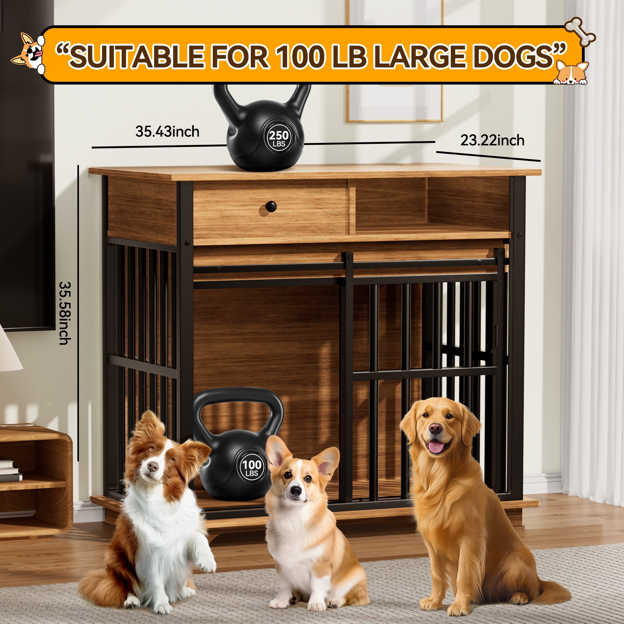 RERIOU 36" Dog Crate with Double Storage Cabinets, Indoor Dog Kennel Table with Sliding Door & Removable Tray, Rustic Brown Pet Cage for Medium & Large Dogs, Decorative Home Furniture