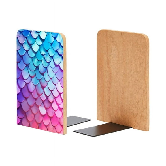 Bookends 1 Pair Non-Skid Bookend Wood Bookends for Shelves Book Stand for CDs - Shimmering Mermaid Scale With Pink And Blue Colors
