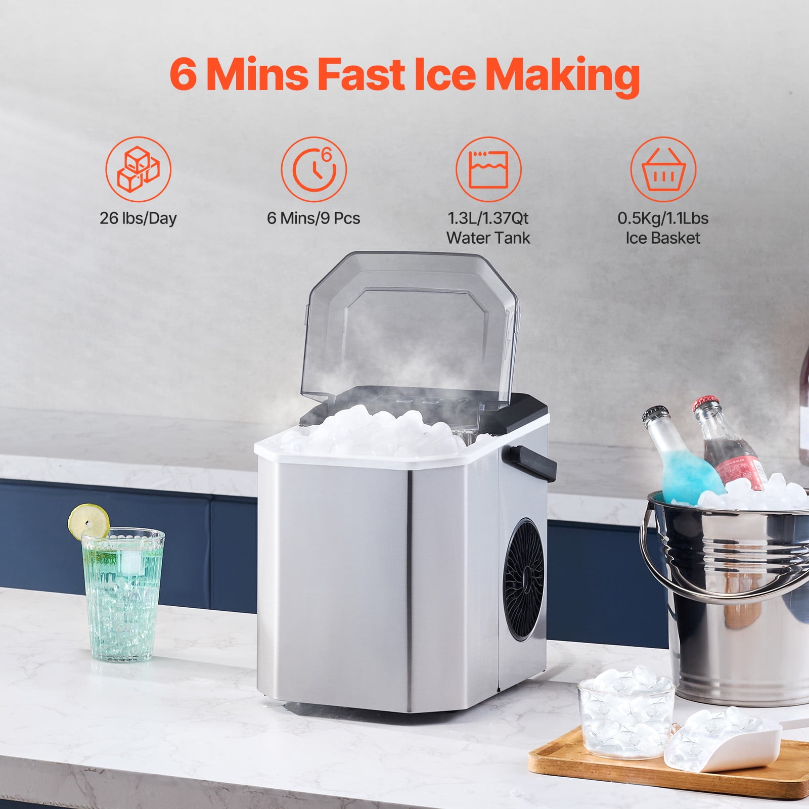 KFFKFF Countertop Ice Maker Portable Ice Maker Self-Cleaning Portable Ice Maker 26 lbs/24 H with Ice Scoop & Drip Tray with 2 Sizes Bullet Ice