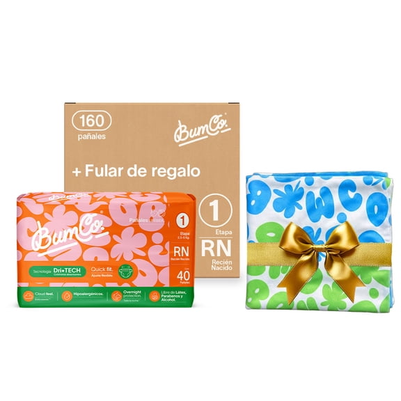 Bum Co.| Pañal premium* desechable para bebé + regalo fular, Etapa 1, Recién Nacido (2.5 a 5 kg), Unisex, Caja con 160 pz | Overnight Protection, Cloud Feel, Hipoalergénicos, Dri-Tech