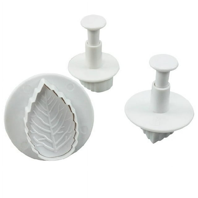 KAKOWELY Juego de 3 cortadores de fondant con forma de hoja de rosa para decorar tartas, moldes de prensa y herramientas de decoración en diferentes tamaños (blanco)