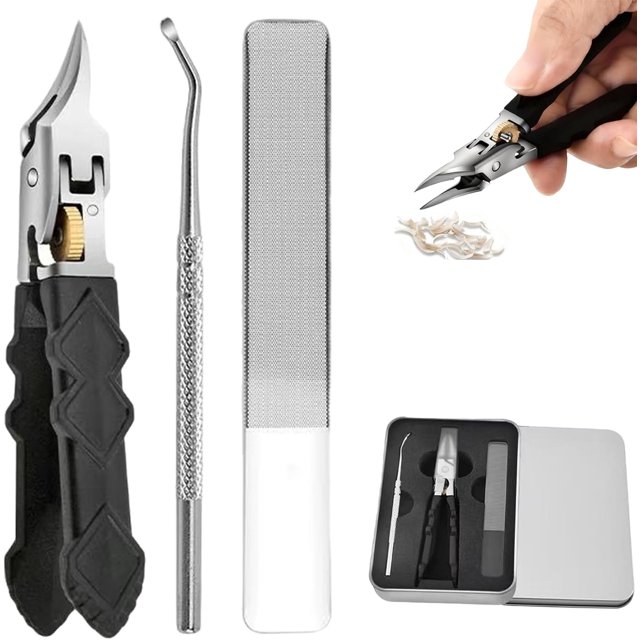 Black Anti-Slip Grip Gear Lock Nail Clipper Set with Curved Ultra-Sharp Tips for Precise Access to Nail Grooves, Hard Nails and Ingrown Toenails for People