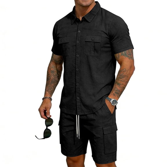 Men'S Short Sleeve Solid Color Workwear Button Down Shirt With Multiple Pockets And Cargo Shorts Set For Summer Casual Wear,Black,L