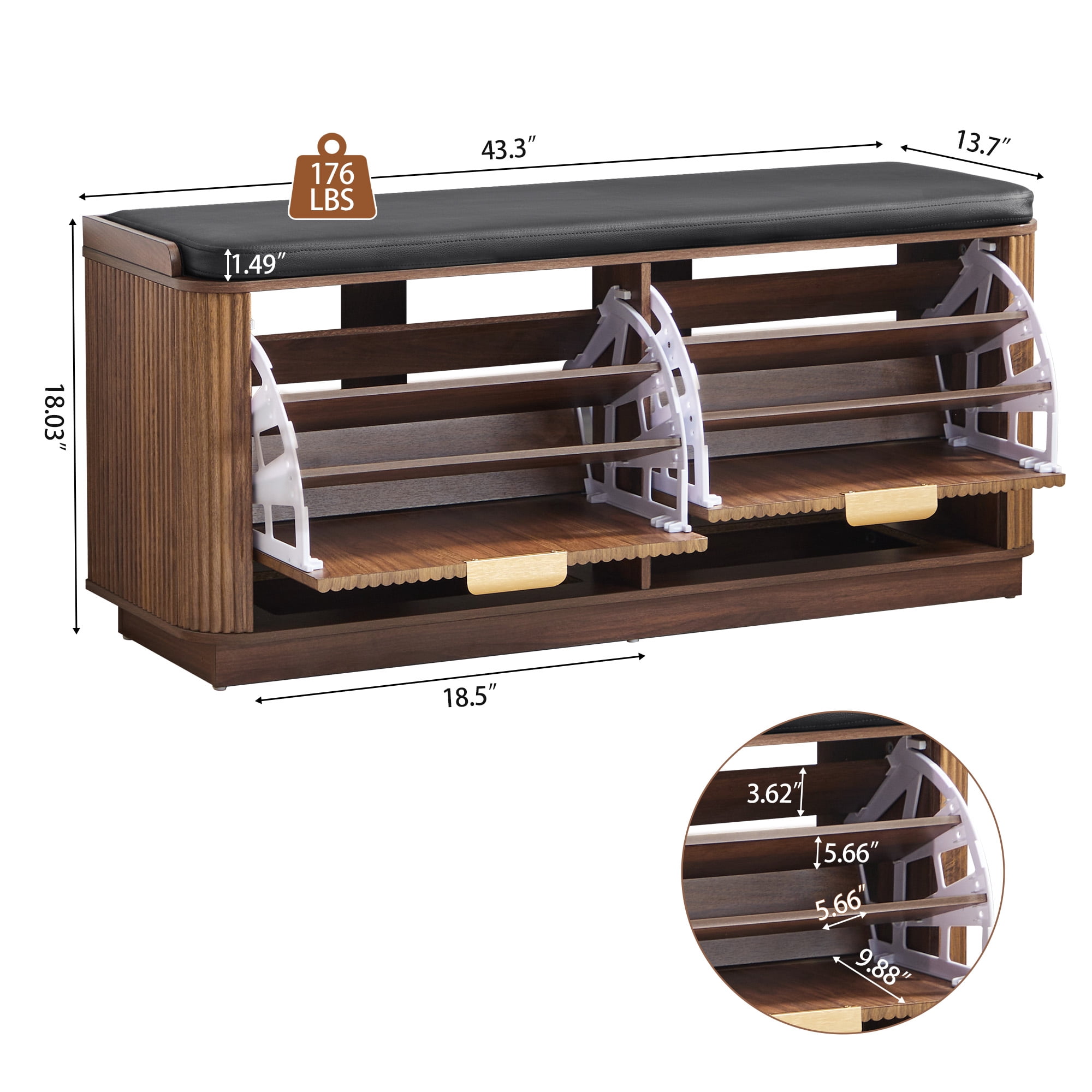 Wirrytor Fluted Shoe Storage Bench with Cushion and 2 Flip Drawers, 3-Tier Wooden Entryway Bench Shoe Organizer for Hallway Bedroom, Natural Wood