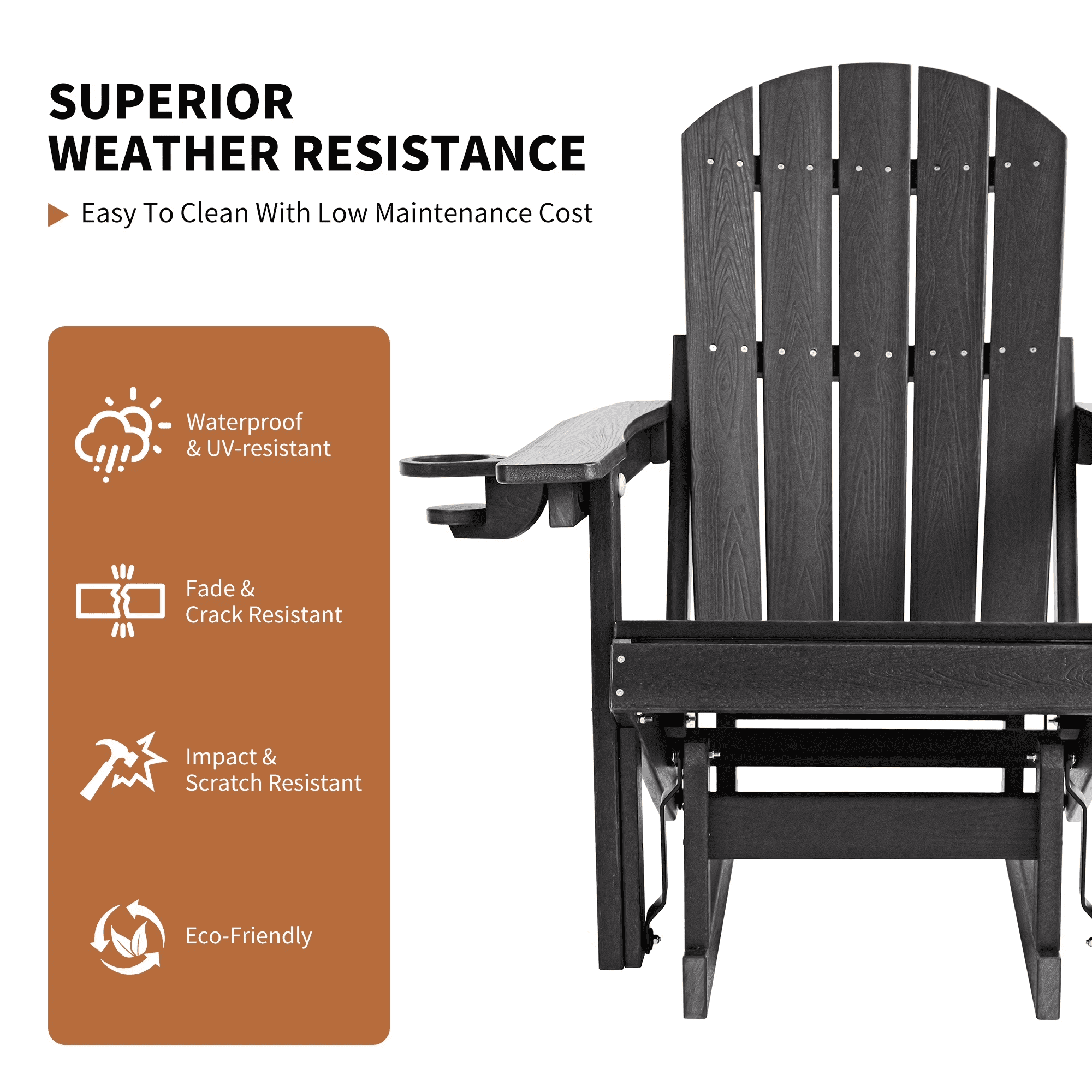 DEAUL HDPE Adirondack Outdoor Glider Chair, 3-Position Adjustable Backrest Patio Glider Rocker, All-Weather Heavy Duty Rocking Chair for Pool, Yard, Black (1 Pack)