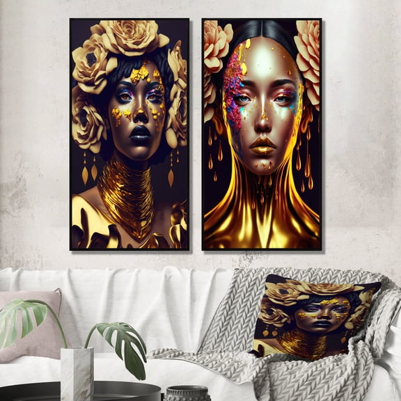Designart "Floral Elegance in Gold and Black IX" Woman African American Framed Wall Art Set Of 2 - Gold Fashion Framed Canvas Set For Living Room Decor