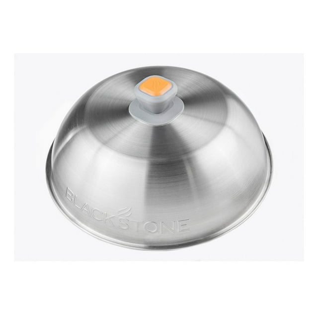 Blackstone 12-inch round medium stainless steel basting cover with gray and orange heat-resistant handle.