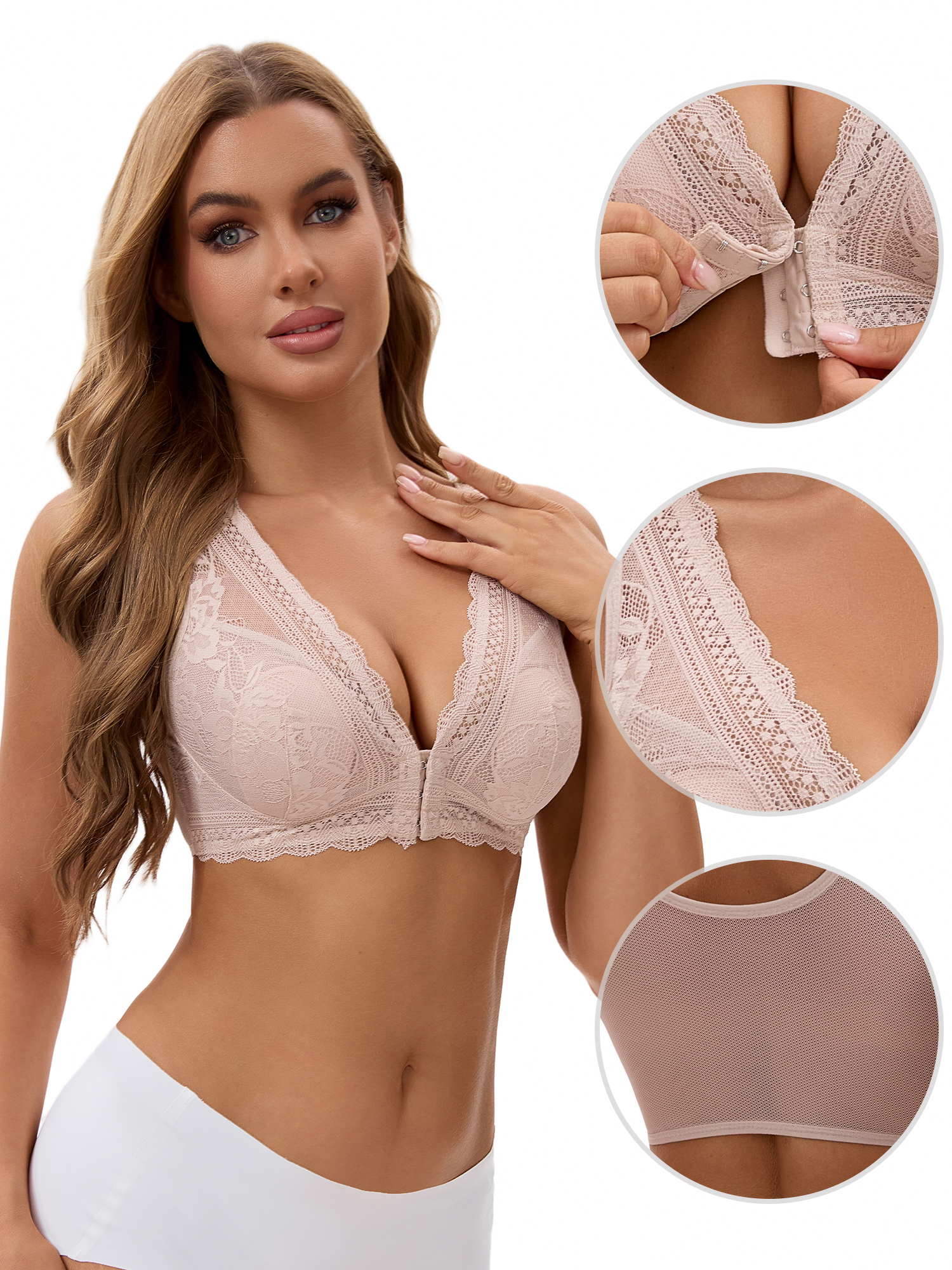 Unique Bargains Women's Lace Sheer Front Closure Wirefree Bras M Beige