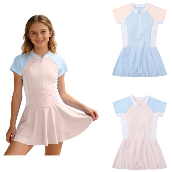 Girls Swimsuits Beige Girls Rash Guard Bathing Suits Quick Dry Zipper Front Swim Dress Kids UPF 50 Sun Protection Beach Sport Swimwear 9-10 Years